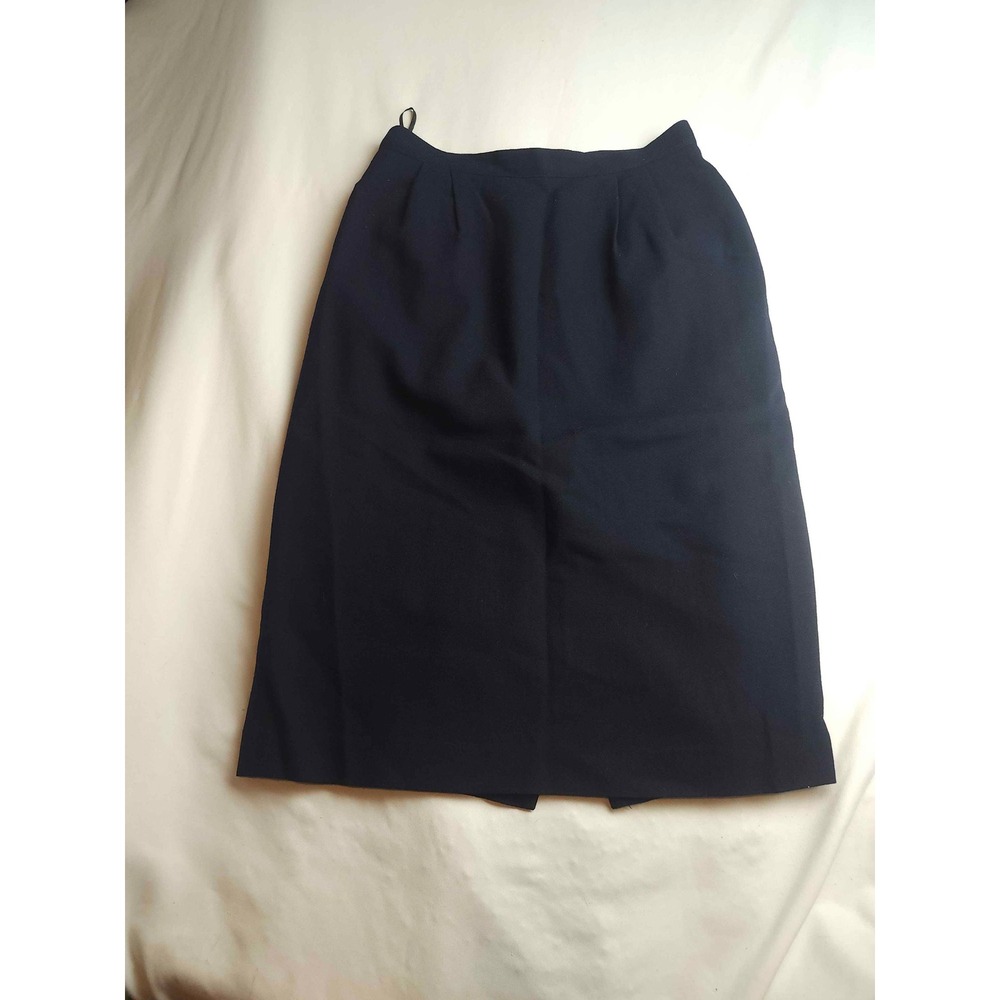 Womens Vintage Navy Blue 100% Wool Pencil Midi Skirt Size 10 Pleated Back Slit